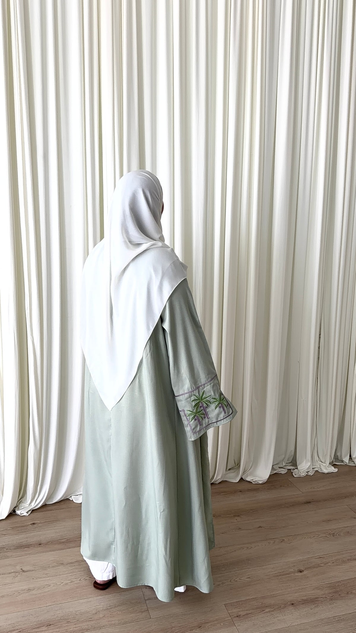 Mint Green Abaya With Lavendar and Palm Tree Embellishments