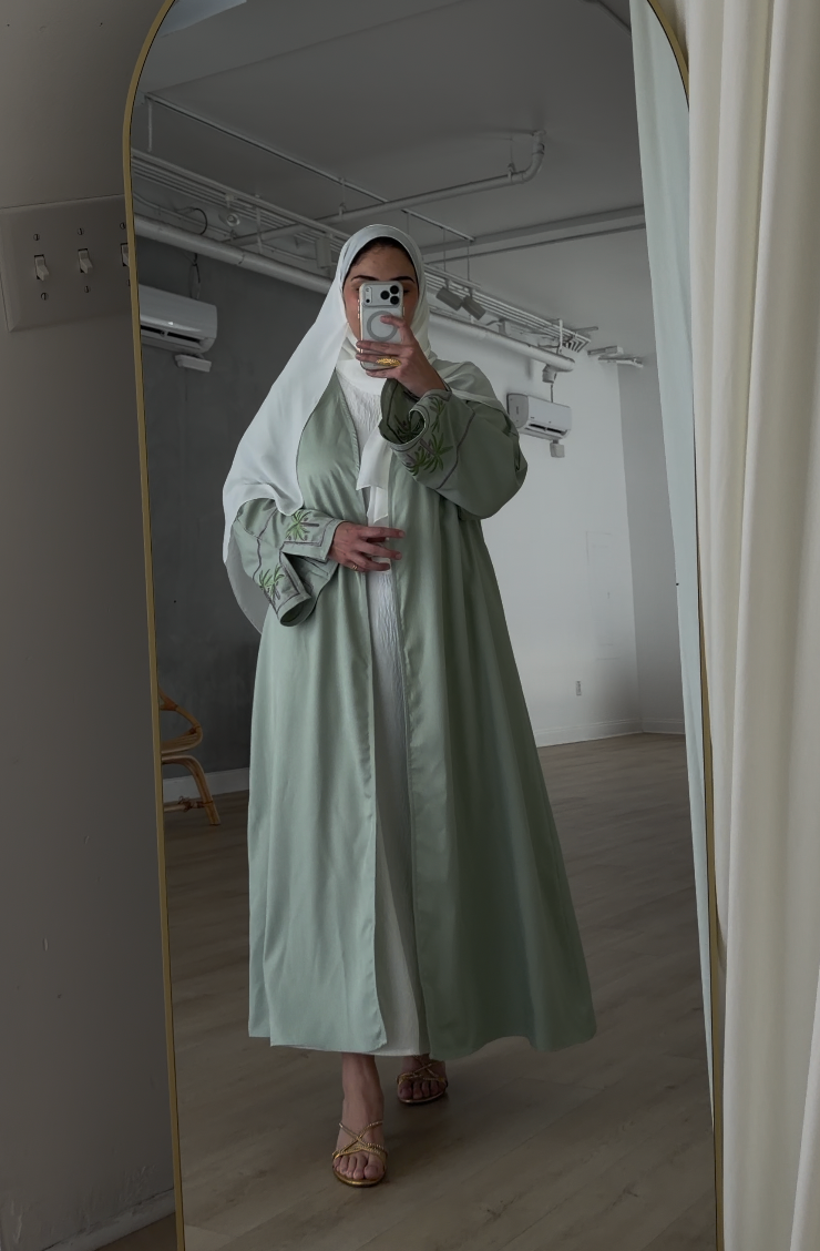 Mint Green Abaya With Lavendar and Palm Tree Embellishments