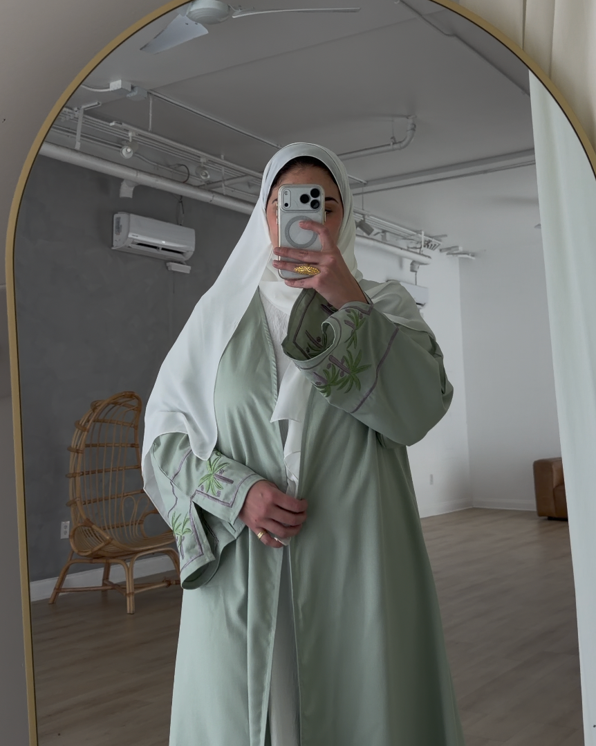 Mint Green Abaya With Lavendar and Palm Tree Embellishments