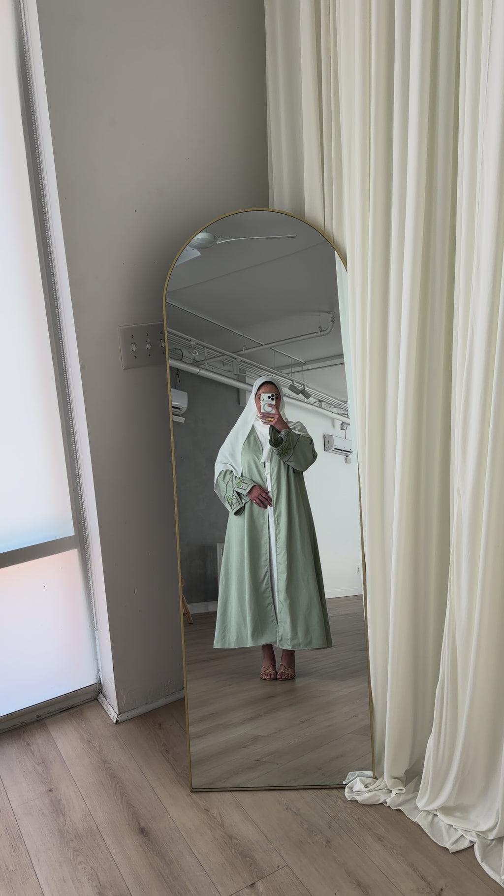 Mint Green Abaya With Lavendar and Palm Tree Embellishments